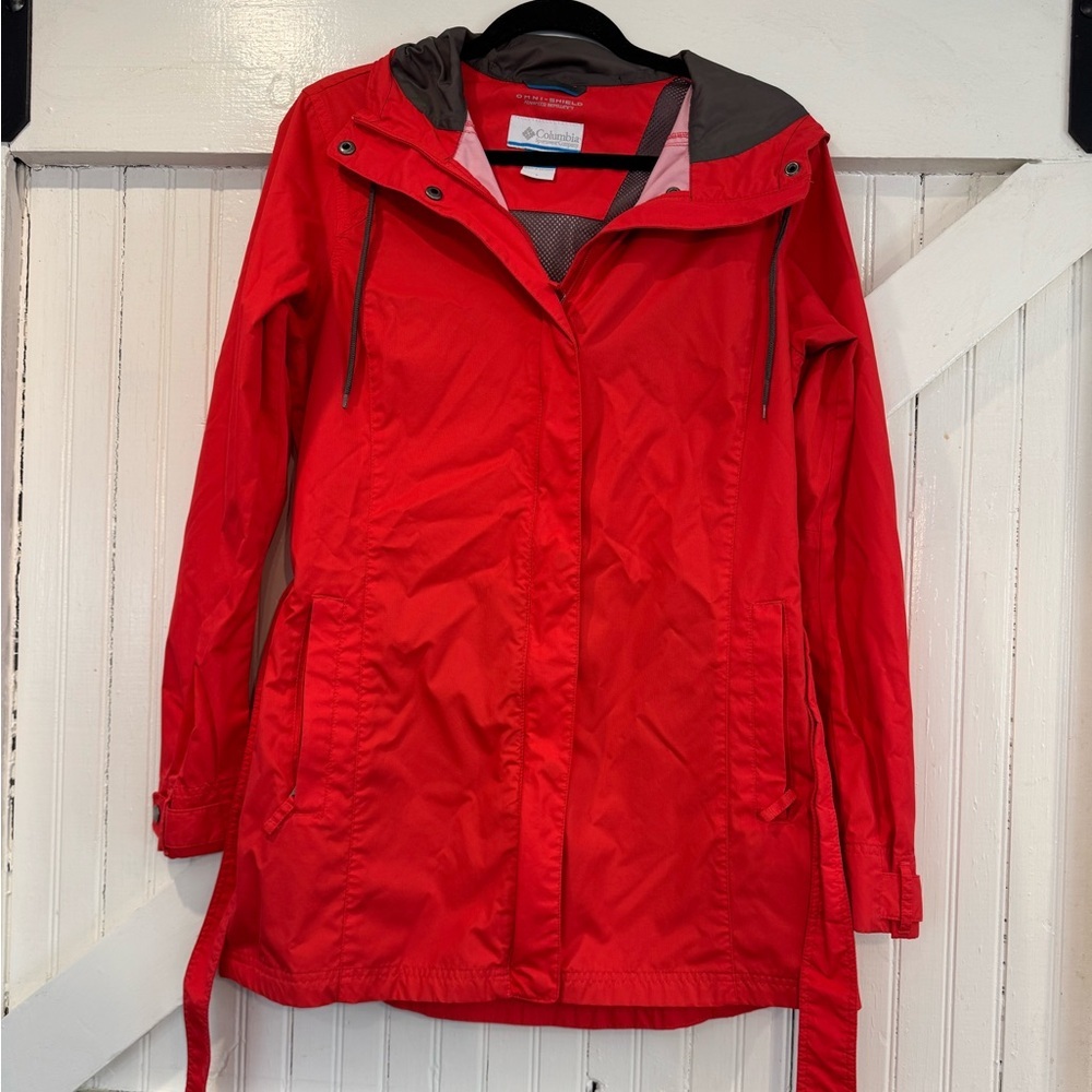 Columbia Omni-Shield Belted Hooded Rain Jacket Red Large - Picture 2 of 11